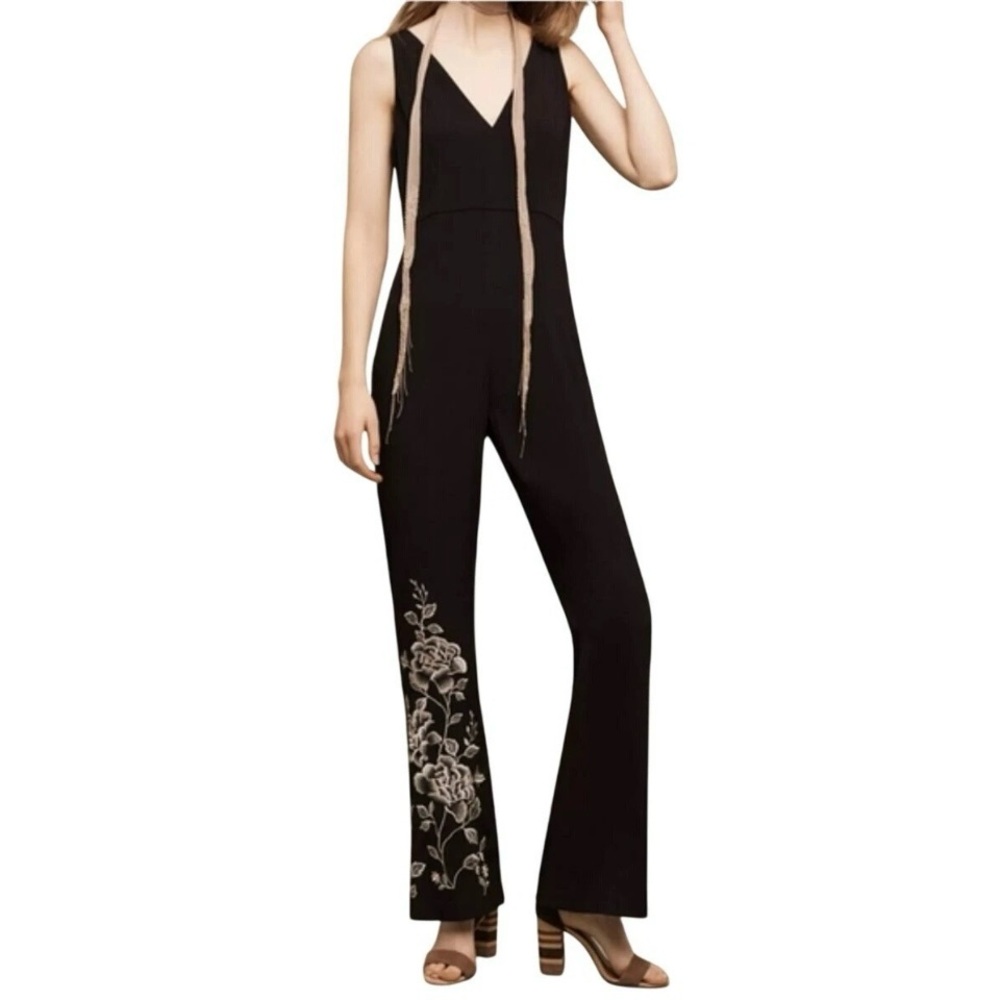 Anthropologie Black Embroidered Wide Leg Jumpsuit Petite 2P NWT Wedding Guest